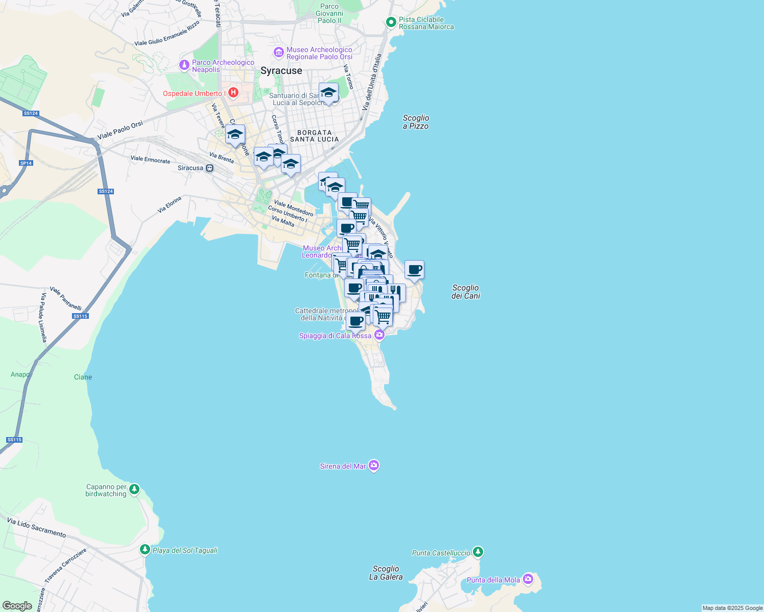 map of restaurants, bars, coffee shops, grocery stores, and more near 6 Piazza San Giuseppe in Siracusa