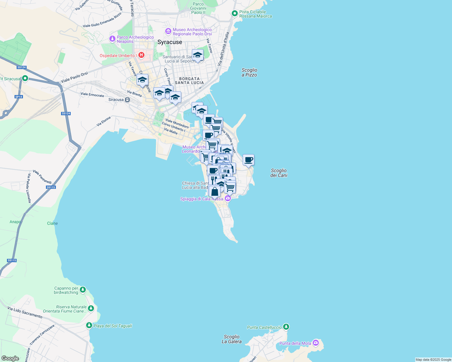 map of restaurants, bars, coffee shops, grocery stores, and more near 2 Via delle Vergini in Siracusa