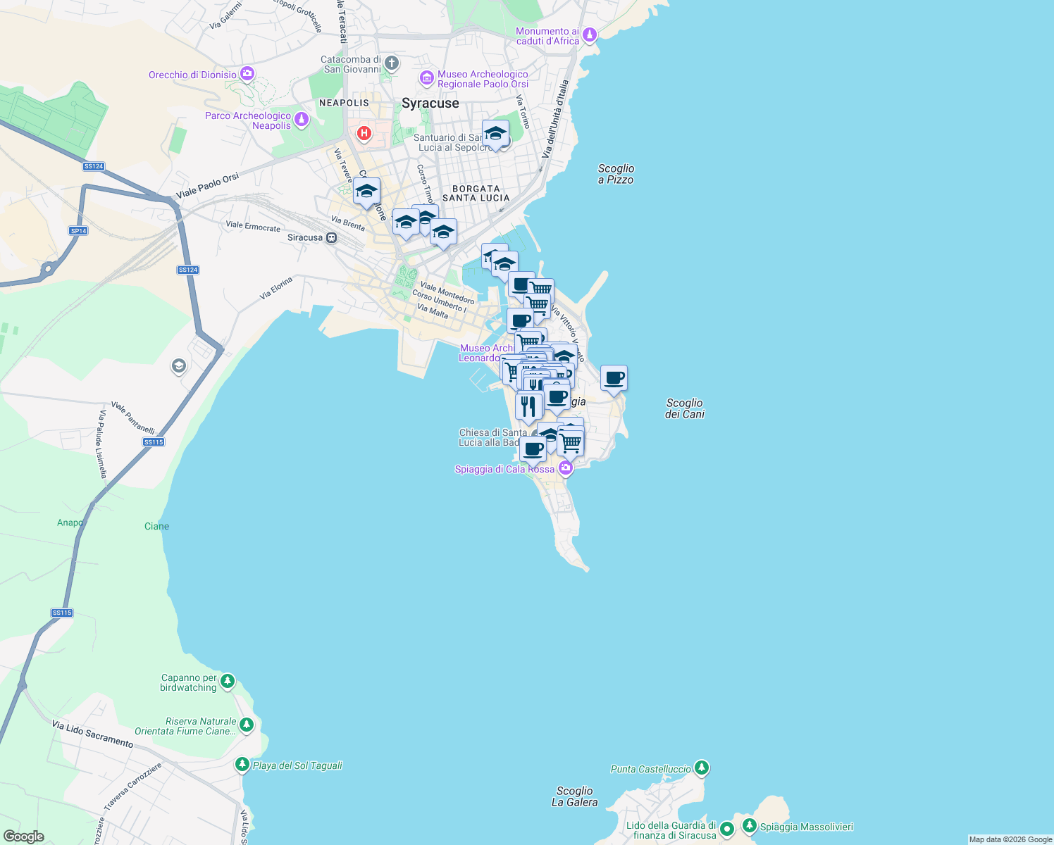 map of restaurants, bars, coffee shops, grocery stores, and more near 15 Via del Collegio in Siracusa
