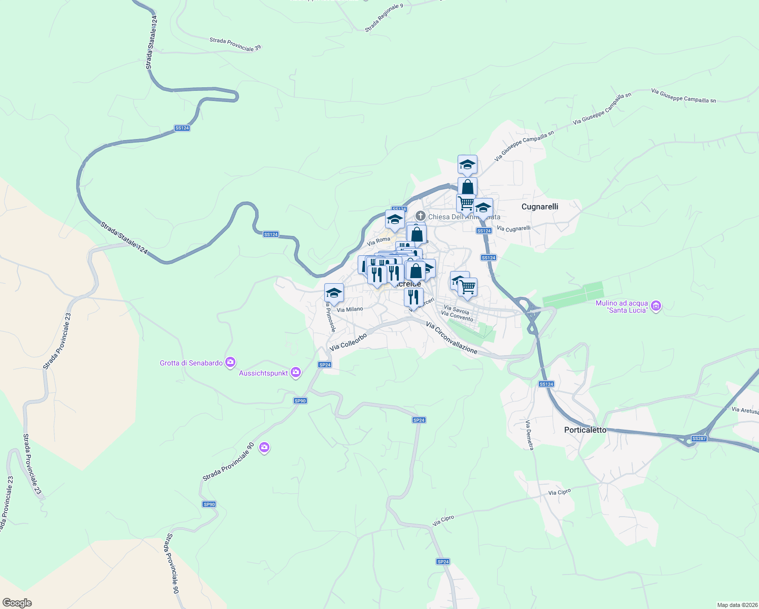 map of restaurants, bars, coffee shops, grocery stores, and more near 4 Via Paolo Milano in Palazzolo Acreide
