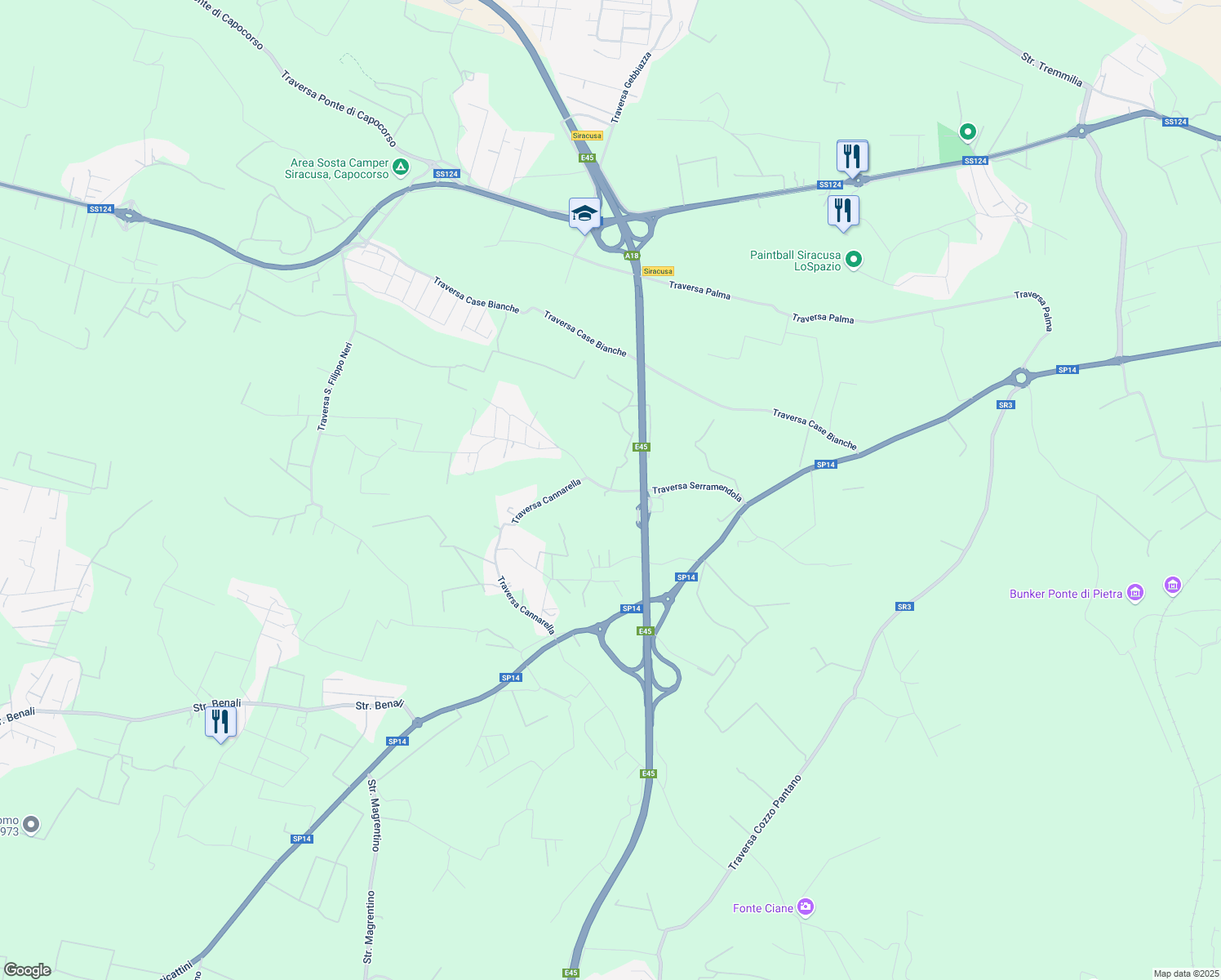 map of restaurants, bars, coffee shops, grocery stores, and more near A18 Siracusa - Gela in Syracuse