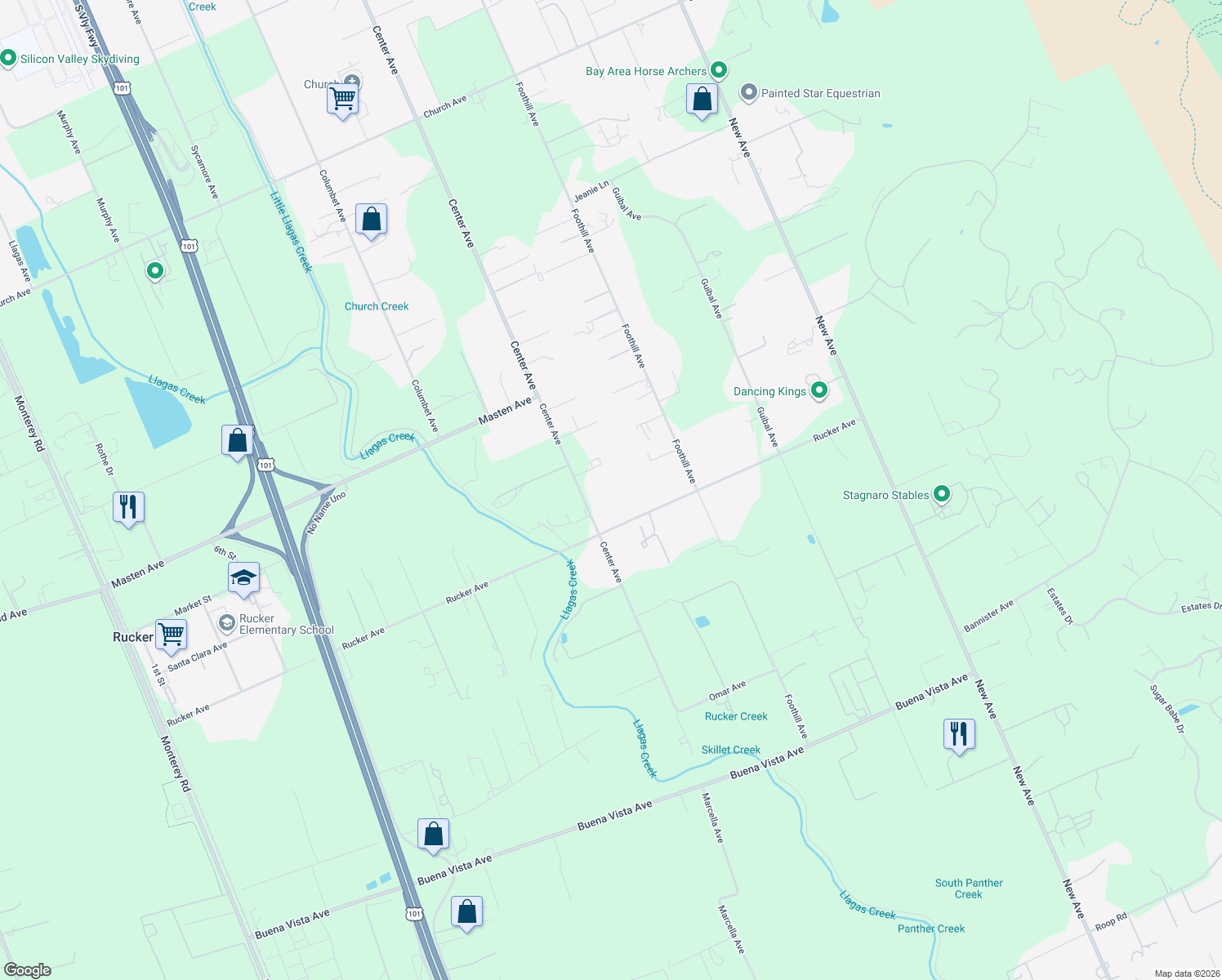map of restaurants, bars, coffee shops, grocery stores, and more near 10680 Center Avenue in Gilroy