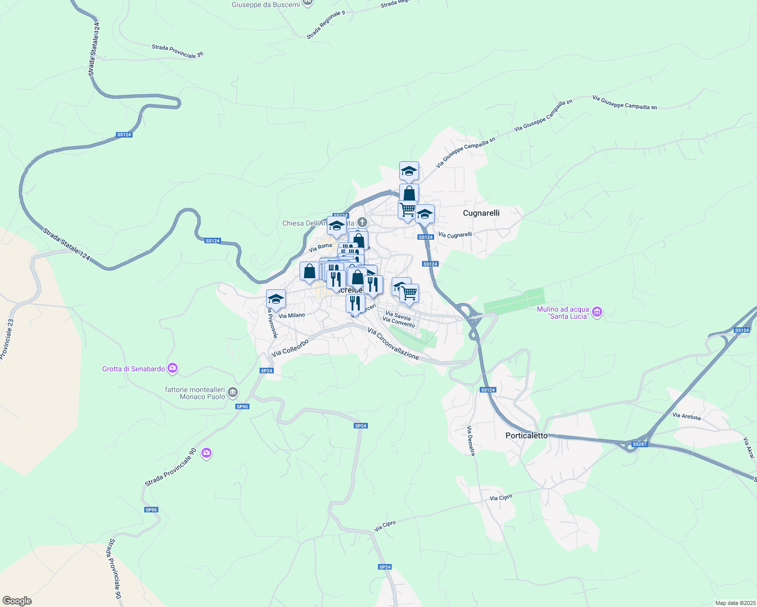 map of restaurants, bars, coffee shops, grocery stores, and more near 2 Via Roma in Palazzolo Acreide
