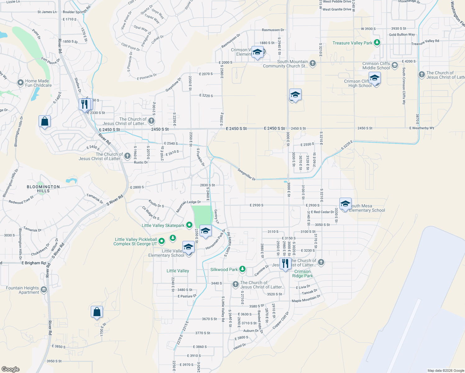 map of restaurants, bars, coffee shops, grocery stores, and more near 2821 Little Valley Road in St. George