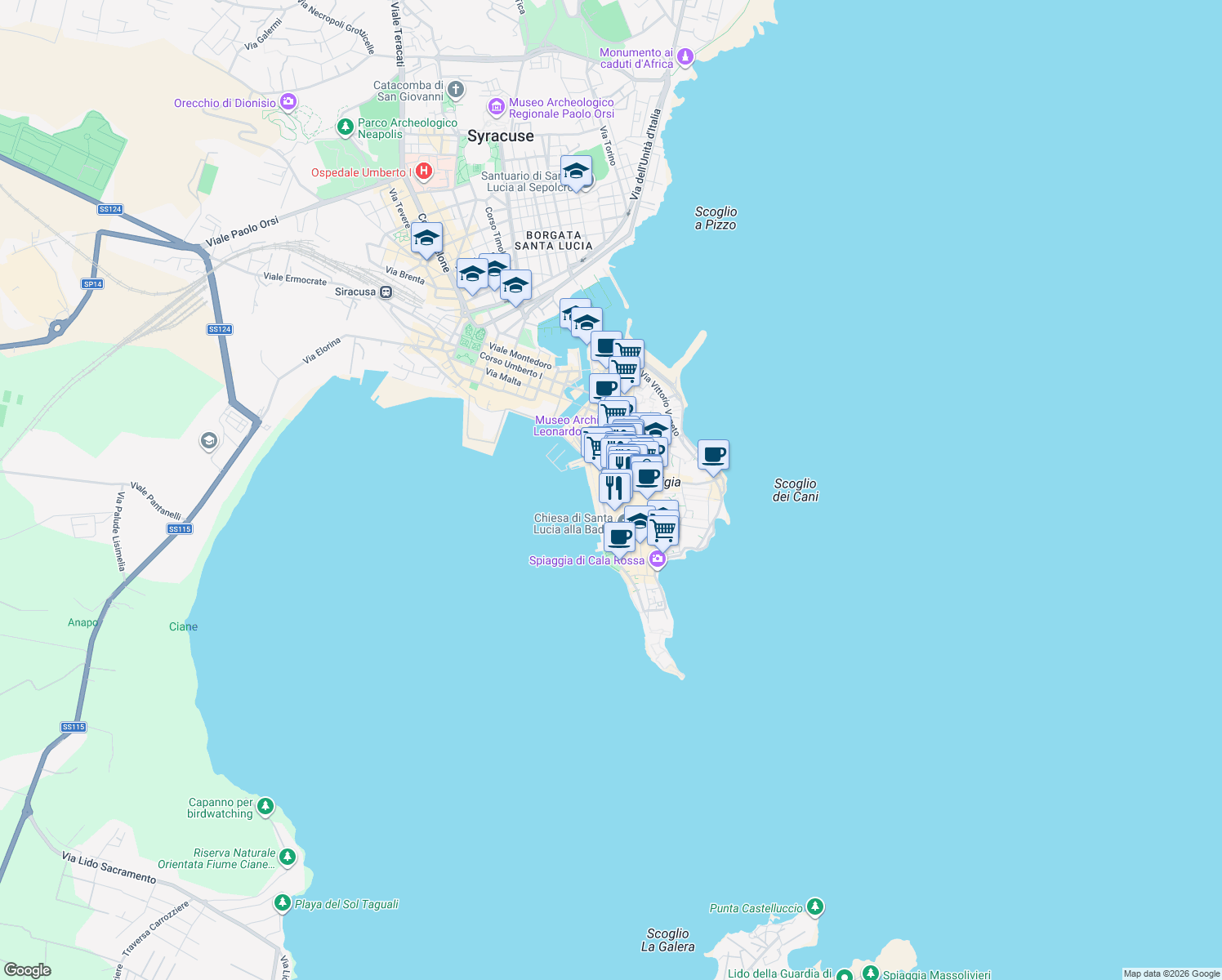 map of restaurants, bars, coffee shops, grocery stores, and more near 15 Via del Collegio in Siracusa