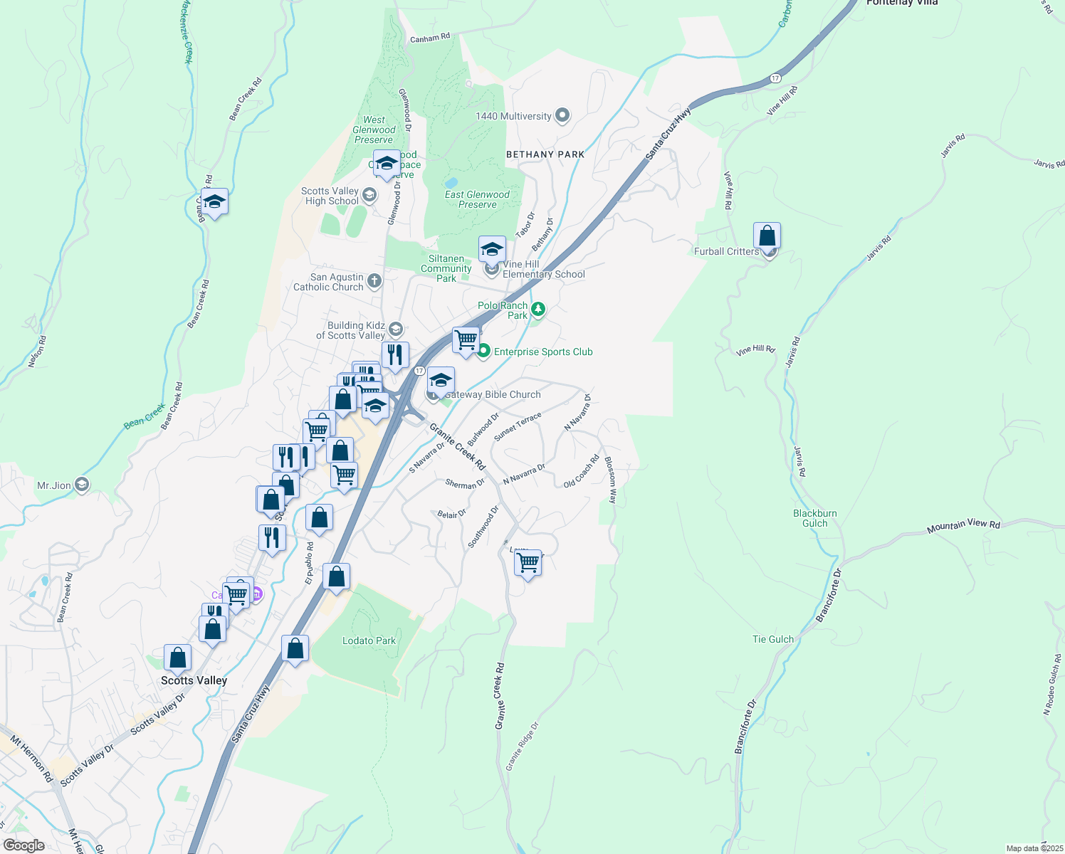 map of restaurants, bars, coffee shops, grocery stores, and more near 212 El Camino Rd in Scotts Valley