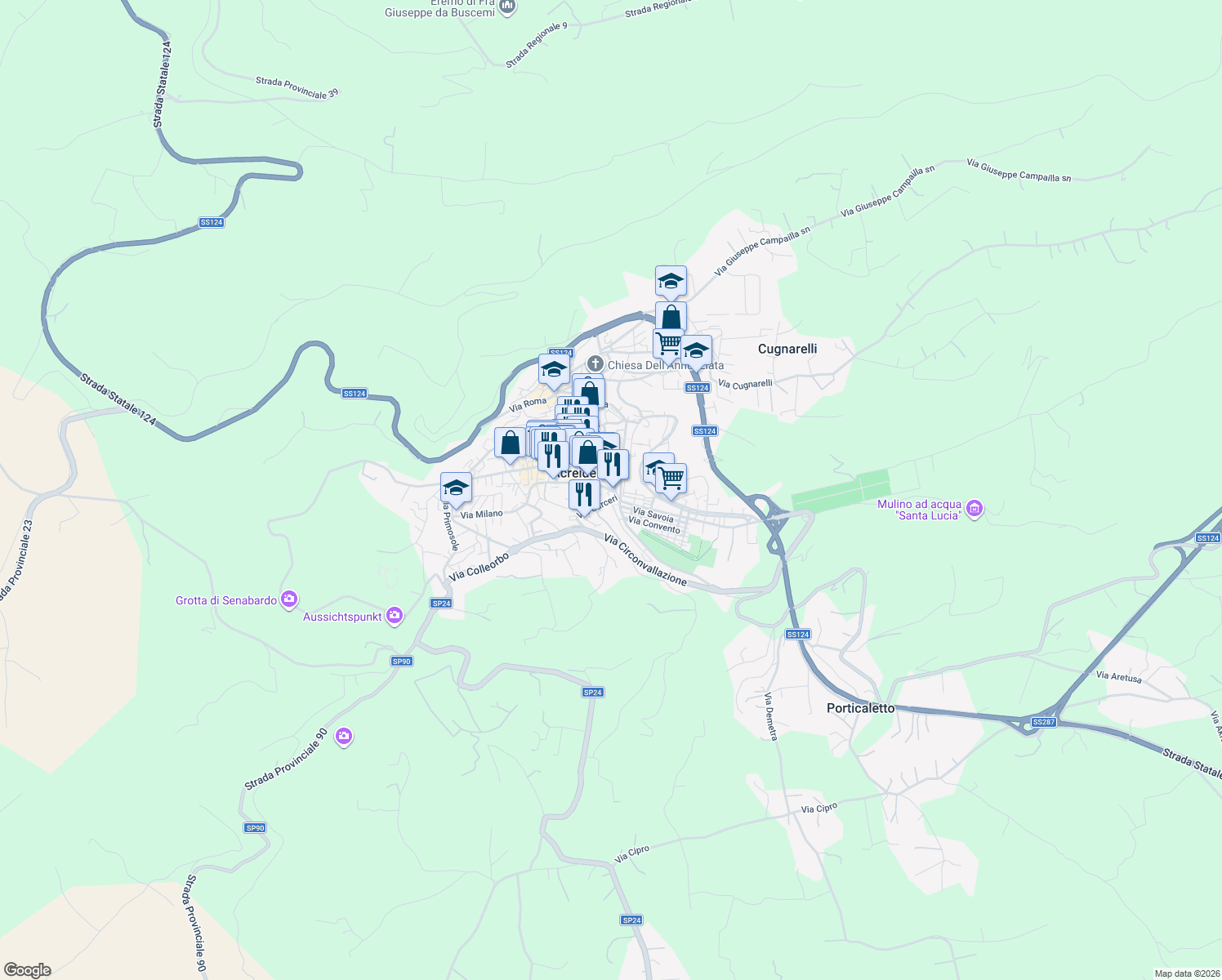 map of restaurants, bars, coffee shops, grocery stores, and more near 2 Via Roma in Palazzolo Acreide