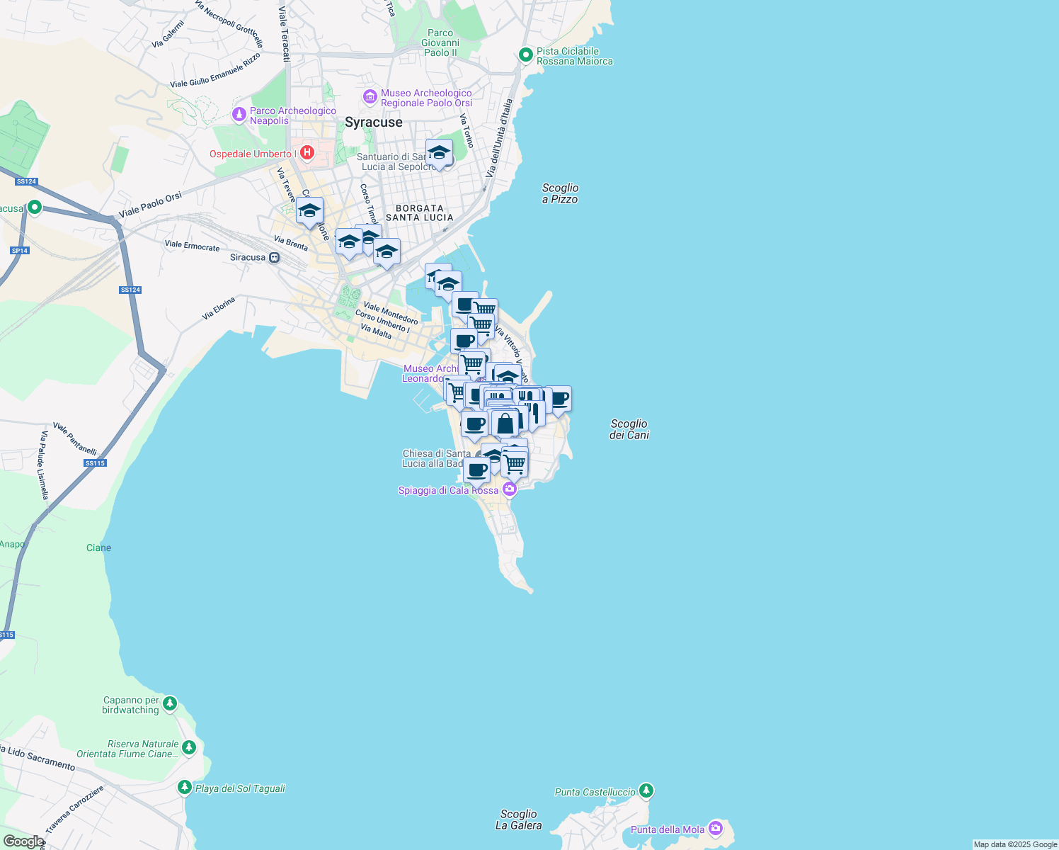 map of restaurants, bars, coffee shops, grocery stores, and more near 8 Via della Giudecca in Siracusa
