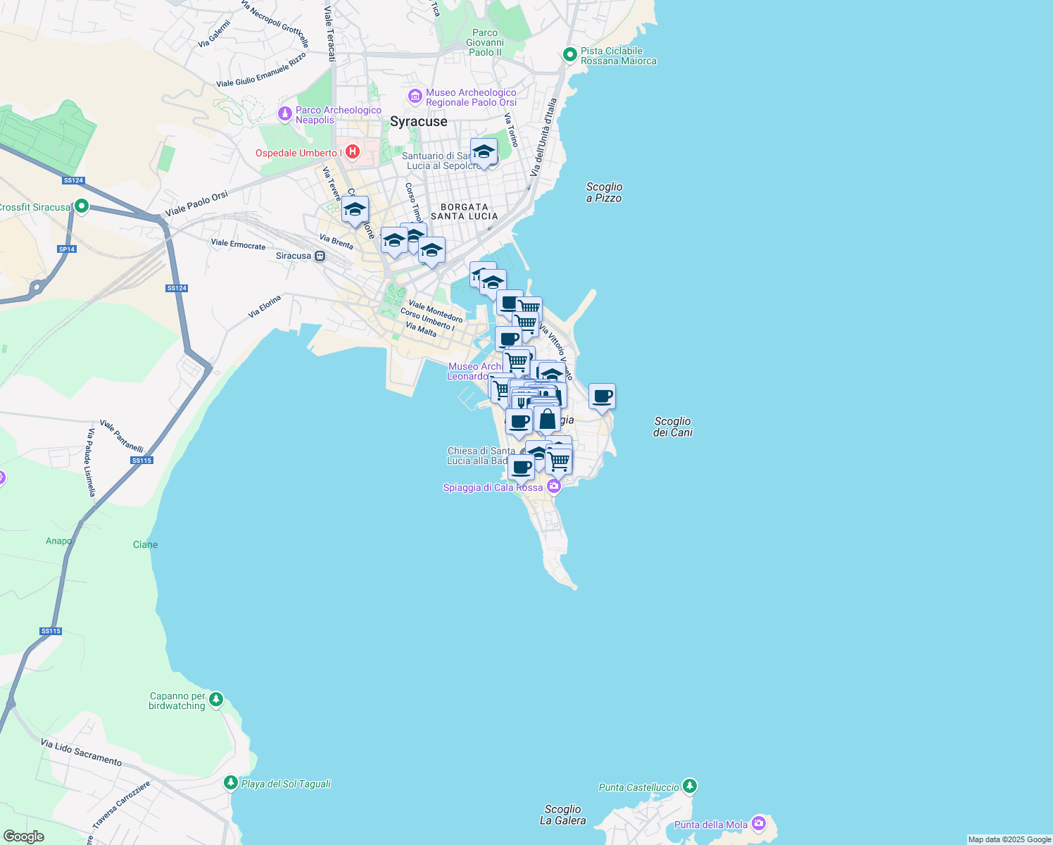 map of restaurants, bars, coffee shops, grocery stores, and more near 6 Via del Crocifisso in Siracusa