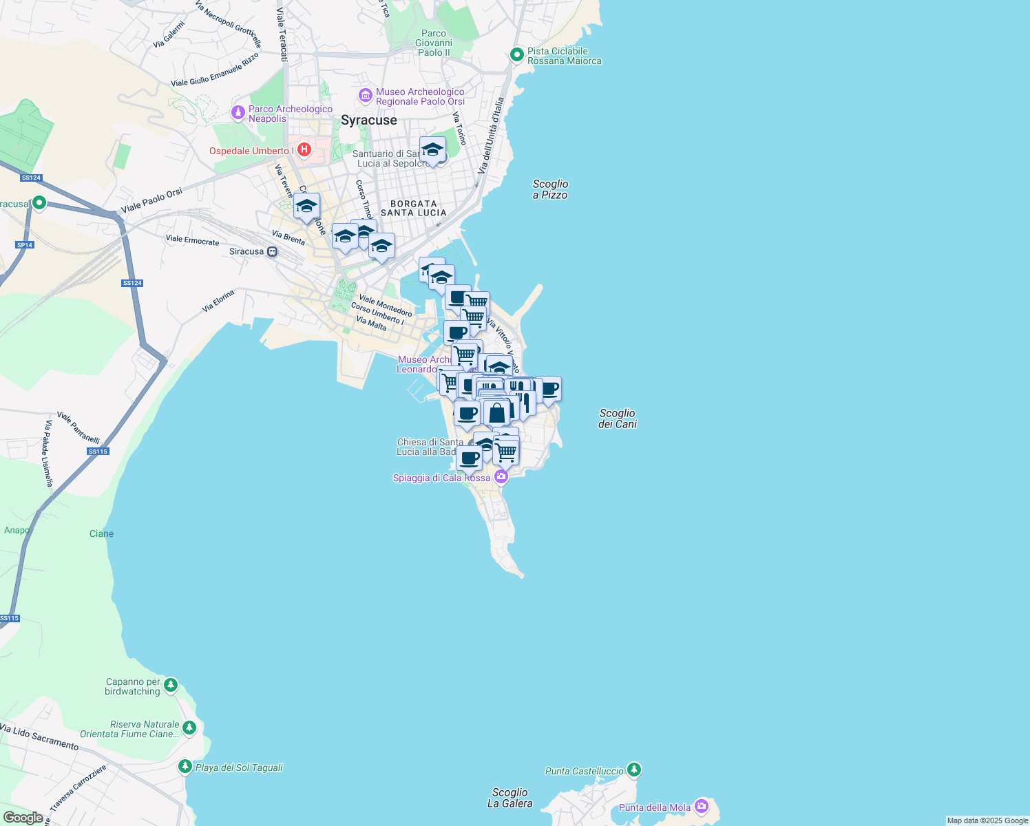 map of restaurants, bars, coffee shops, grocery stores, and more near 8 Via della Giudecca in Siracusa