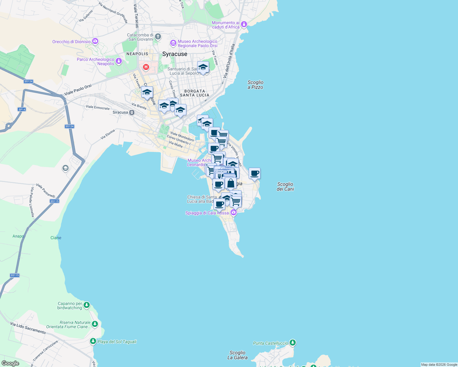 map of restaurants, bars, coffee shops, grocery stores, and more near 6 Via del Crocifisso in Siracusa