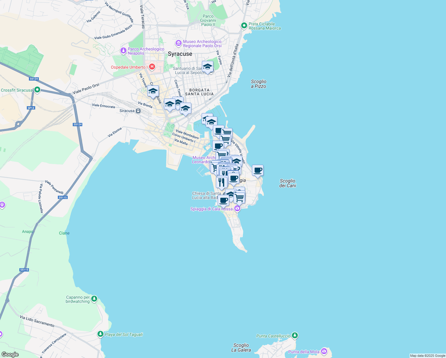 map of restaurants, bars, coffee shops, grocery stores, and more near 10 Via della Amalfitania in Siracusa