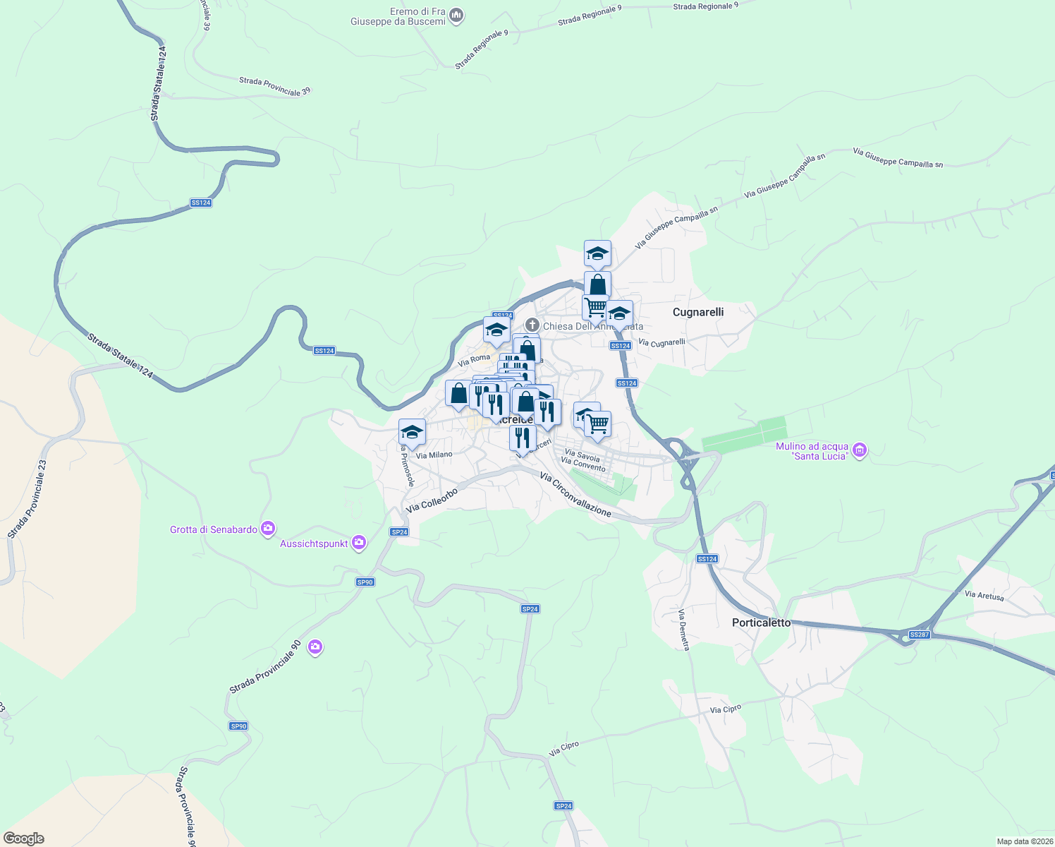 map of restaurants, bars, coffee shops, grocery stores, and more near 26 Via Alessandro Manzoni in Palazzolo Acreide