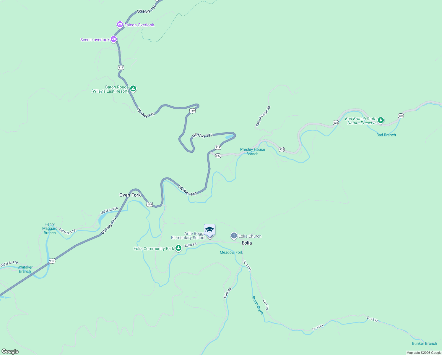 map of restaurants, bars, coffee shops, grocery stores, and more near 324 Slick Rock Road in Eolia