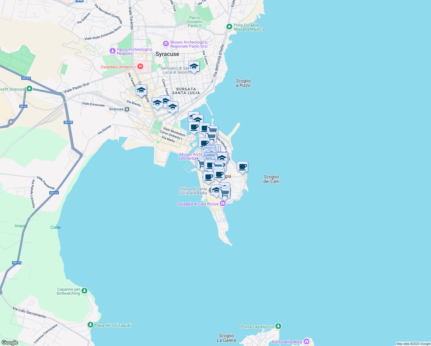 map of restaurants, bars, coffee shops, grocery stores, and more near 17 Via Tintori in Siracusa