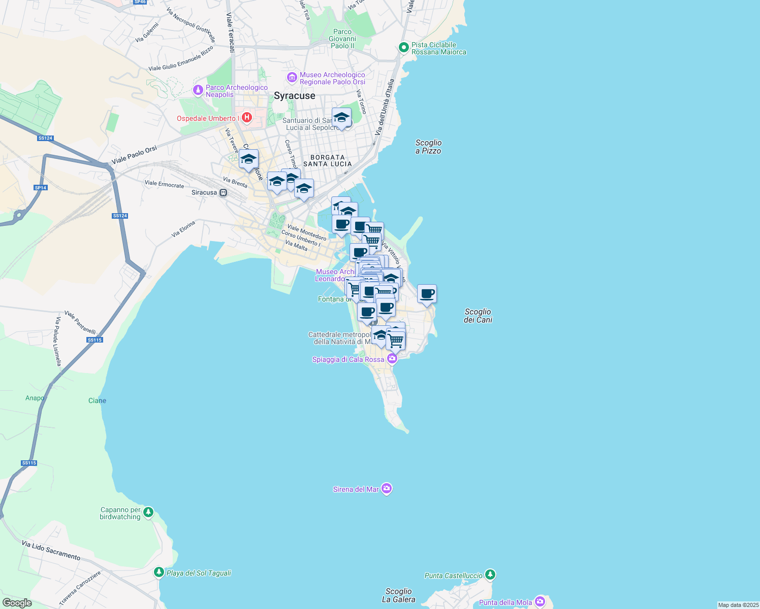 map of restaurants, bars, coffee shops, grocery stores, and more near 17 Via Tintori in Siracusa