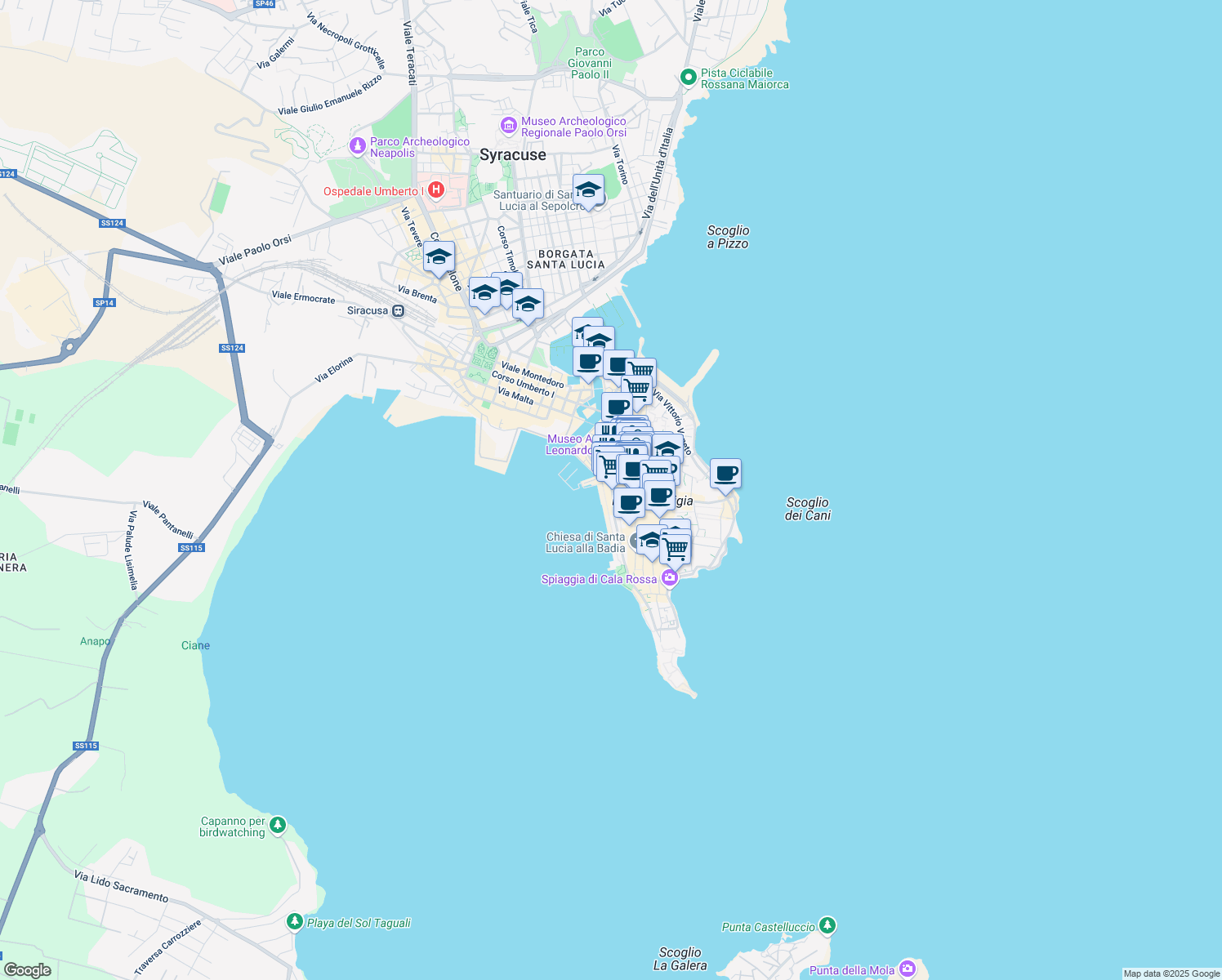 map of restaurants, bars, coffee shops, grocery stores, and more near 36 Via dei Cordari in Siracusa