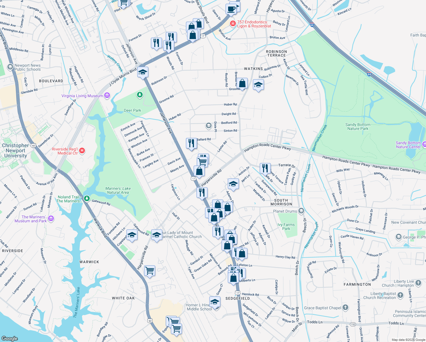 map of restaurants, bars, coffee shops, grocery stores, and more near 437 Harpersville Road in Newport News