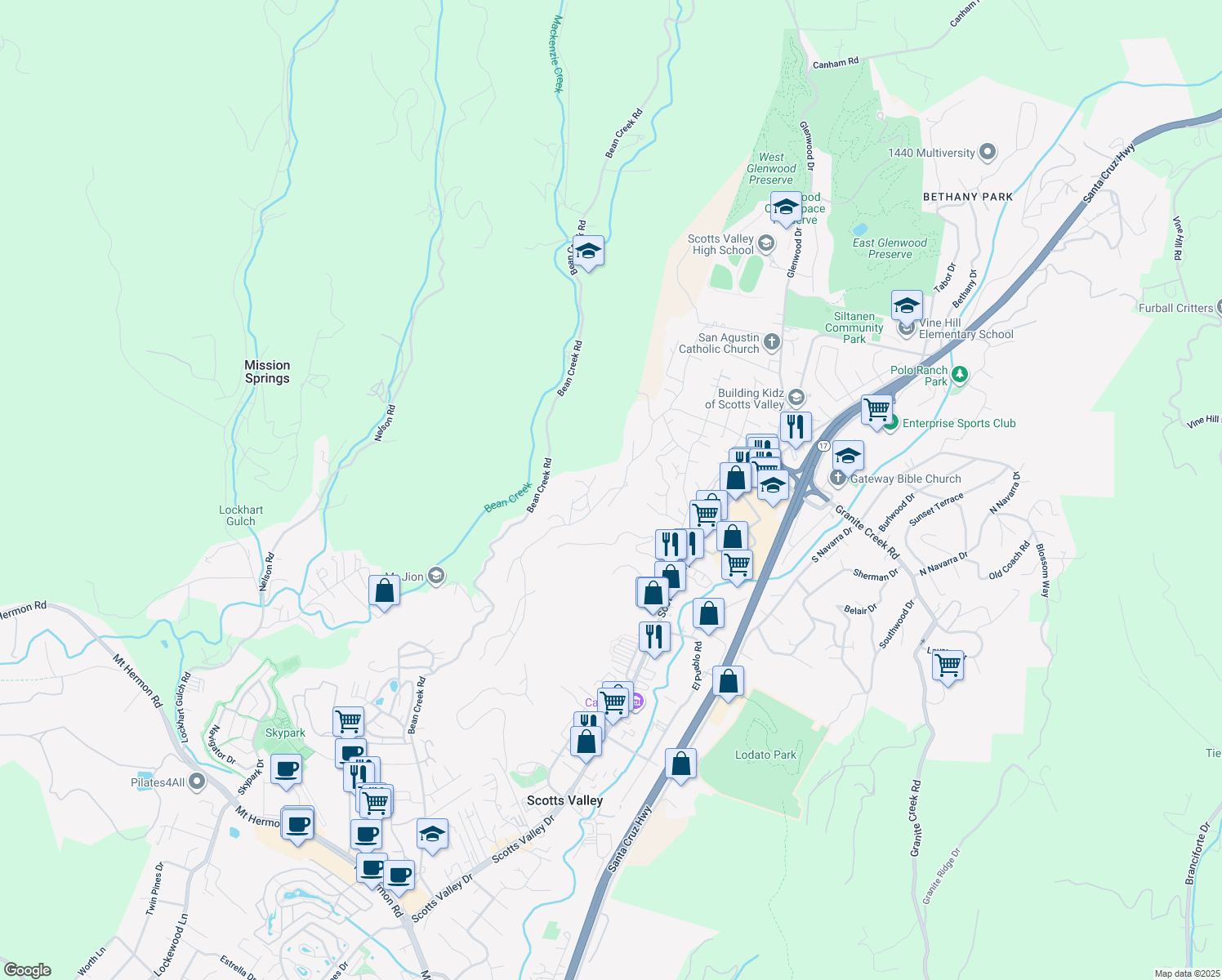 map of restaurants, bars, coffee shops, grocery stores, and more near 560 Hacienda Drive in Scotts Valley