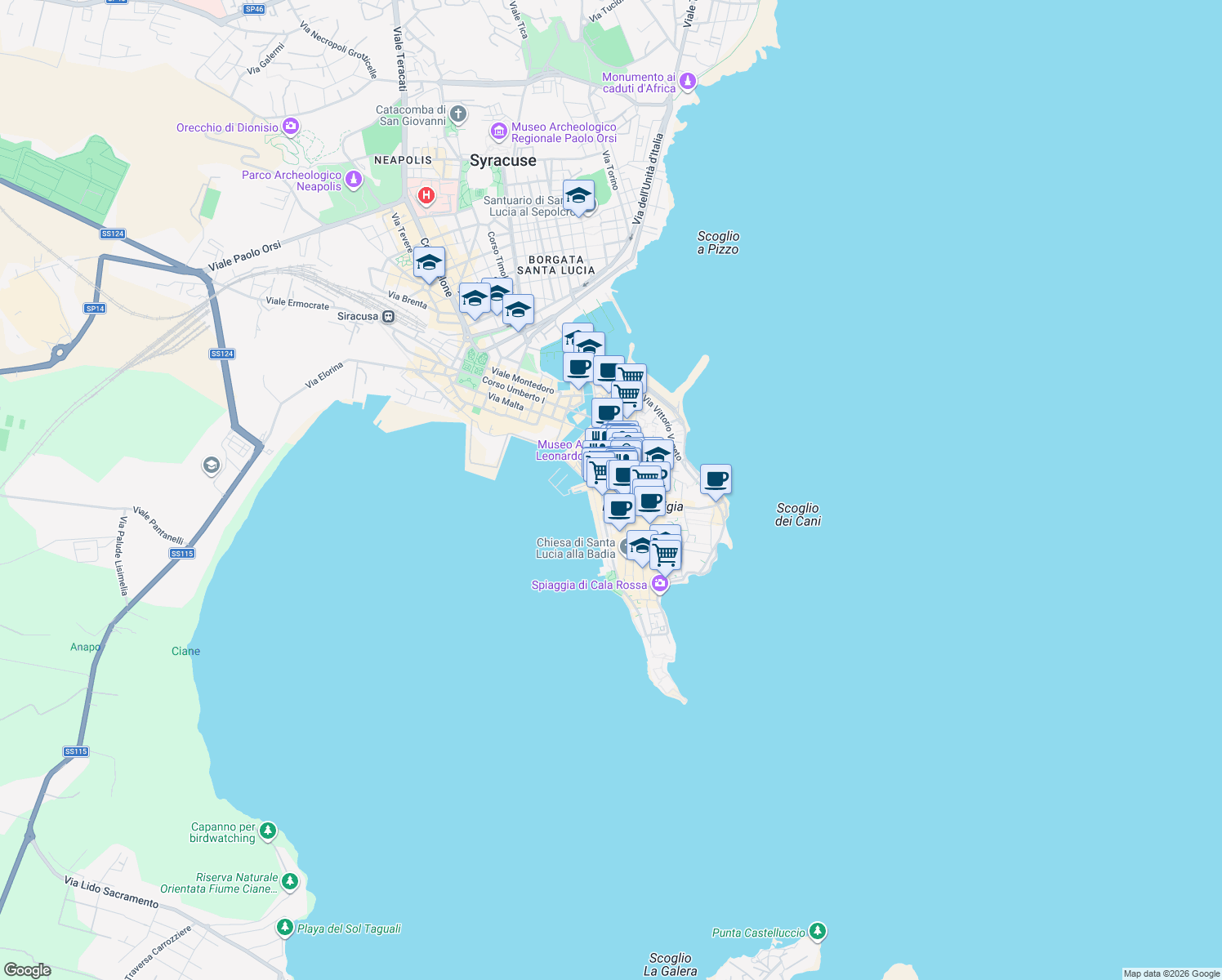 map of restaurants, bars, coffee shops, grocery stores, and more near 36 Via dei Cordari in Siracusa