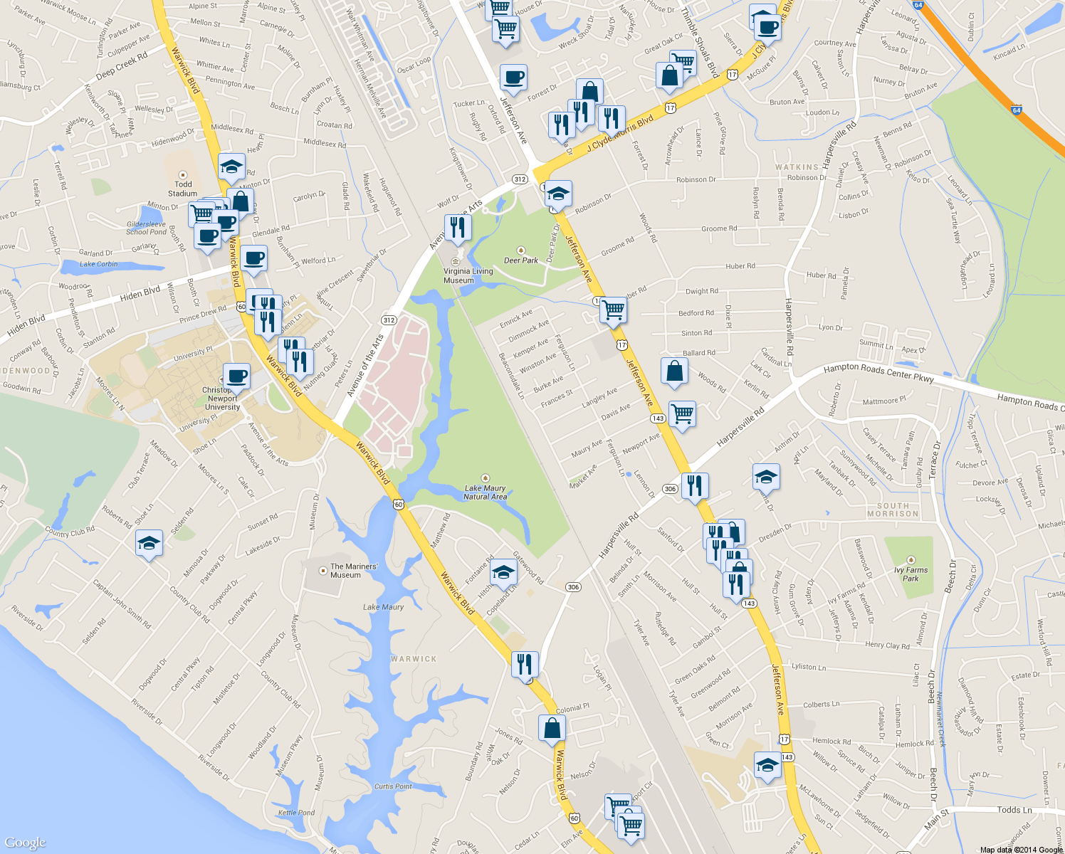map of restaurants, bars, coffee shops, grocery stores, and more near 35 Beaconsdale Lane in Newport News