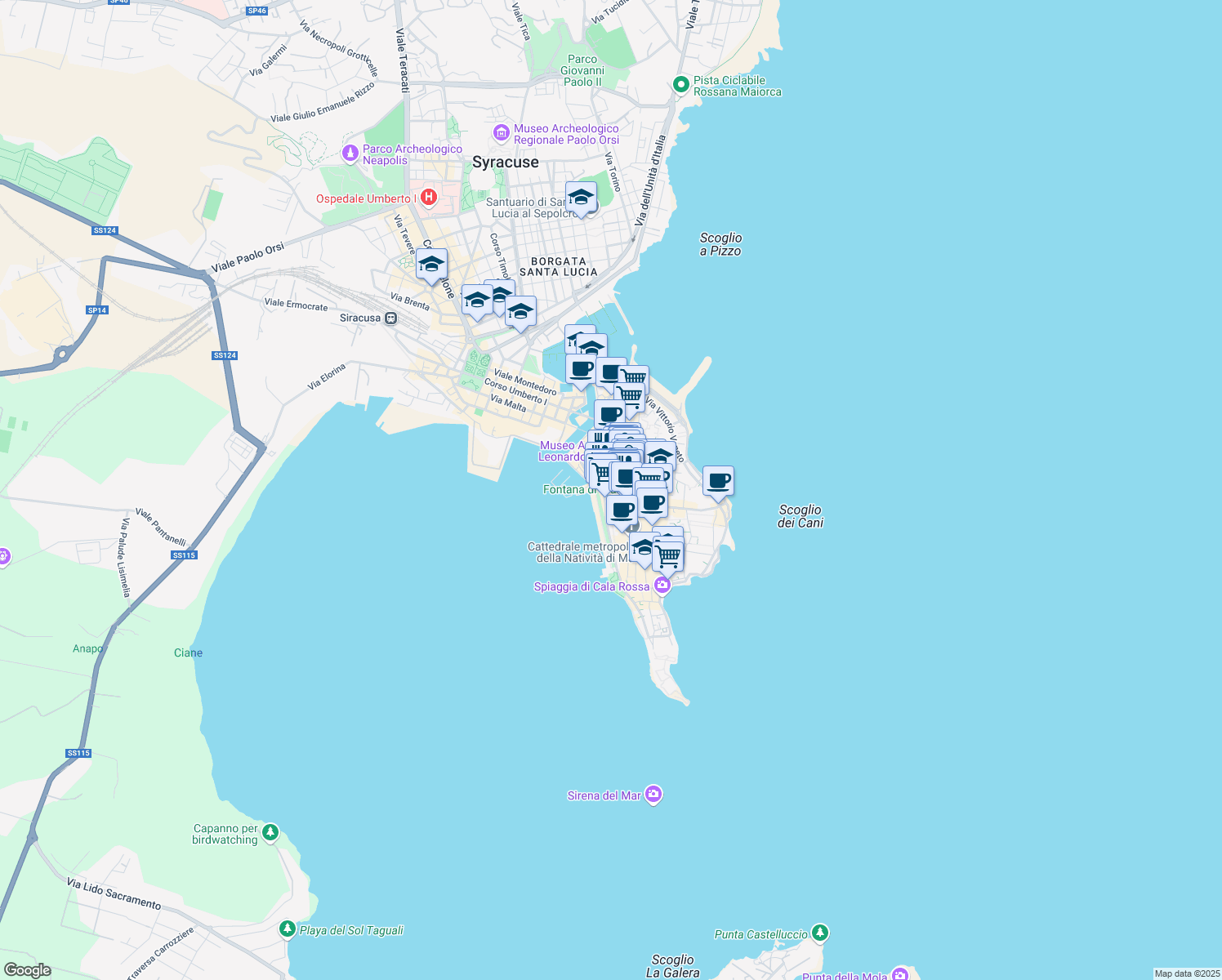 map of restaurants, bars, coffee shops, grocery stores, and more near 36 Via dei Cordari in Siracusa