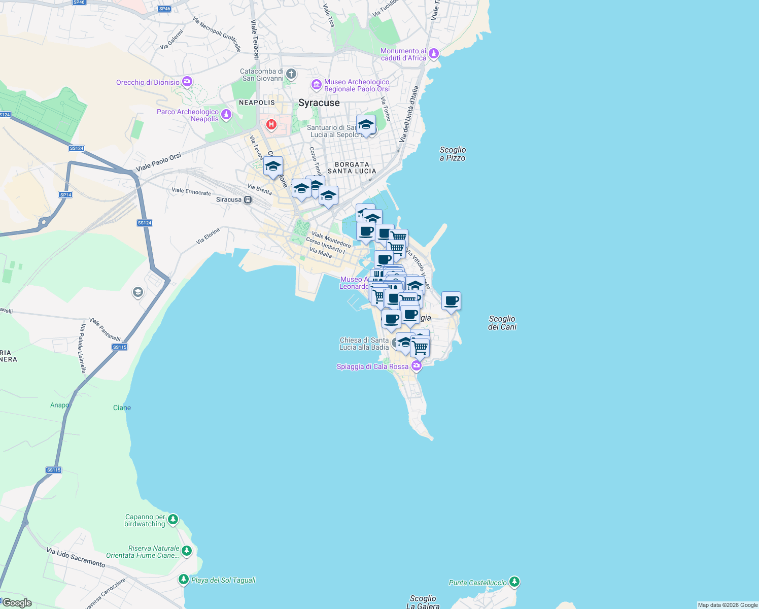 map of restaurants, bars, coffee shops, grocery stores, and more near 36 Via dei Cordari in Siracusa