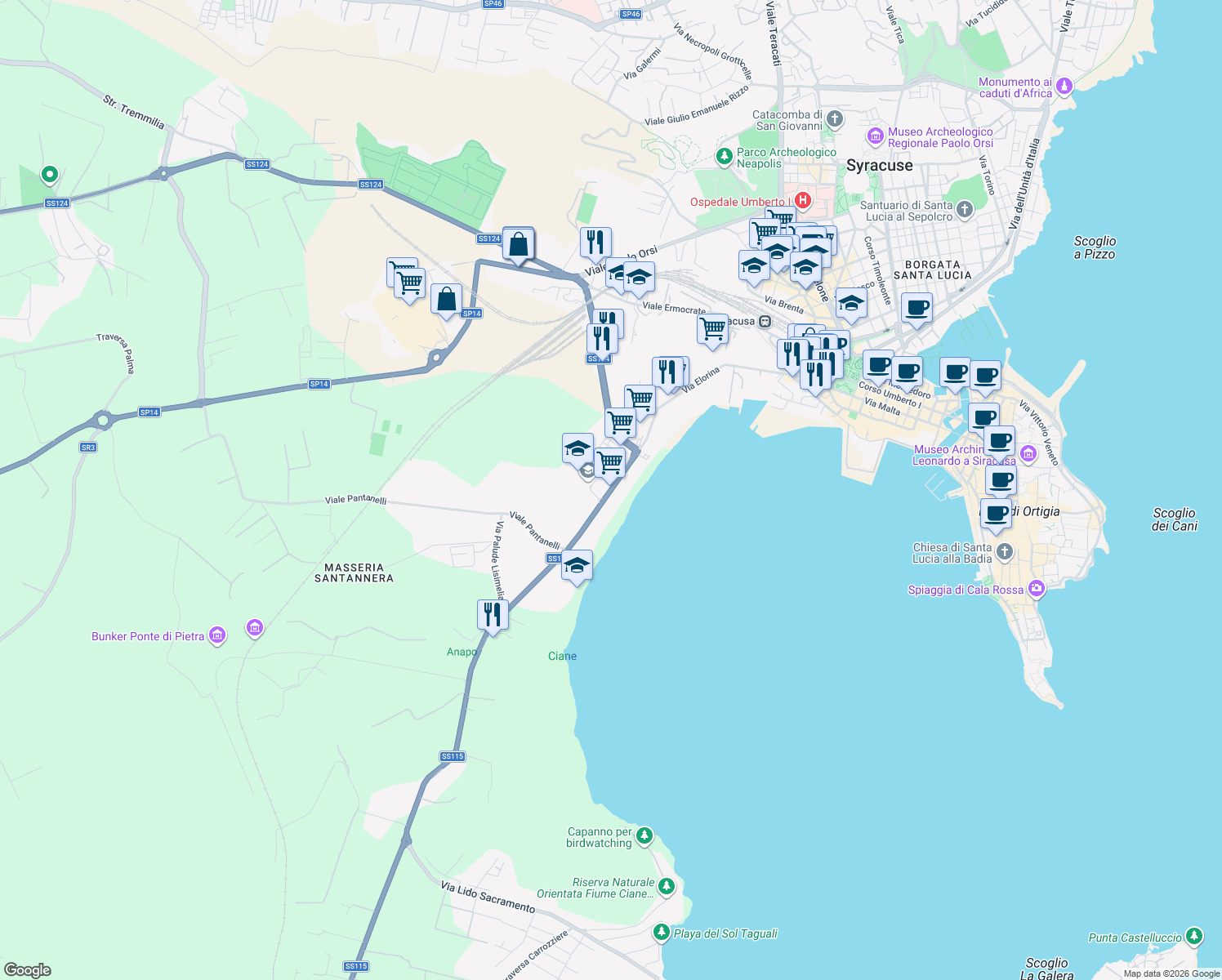 map of restaurants, bars, coffee shops, grocery stores, and more near 51 Via Elorina in Siracusa