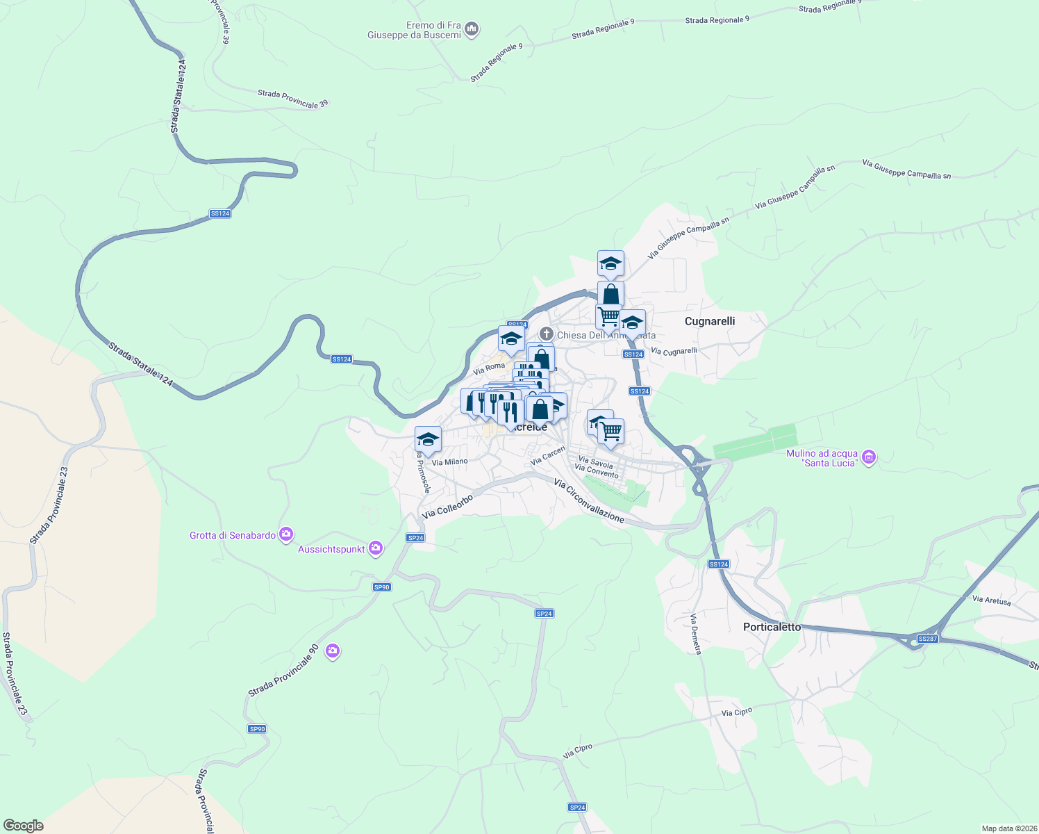 map of restaurants, bars, coffee shops, grocery stores, and more near in Palazzolo Acreide