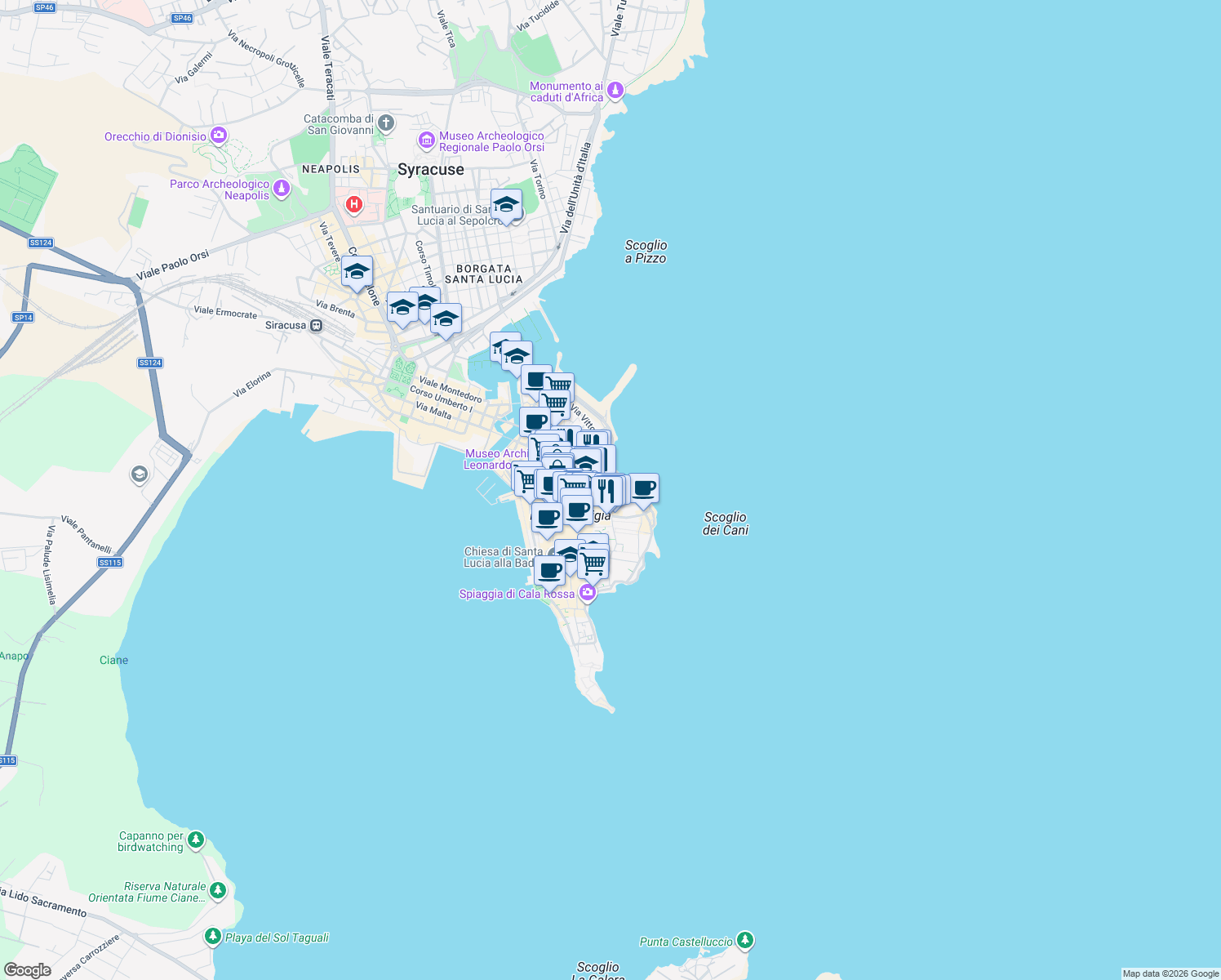 map of restaurants, bars, coffee shops, grocery stores, and more near 17 Via dei Santi Coronati in Syracuse