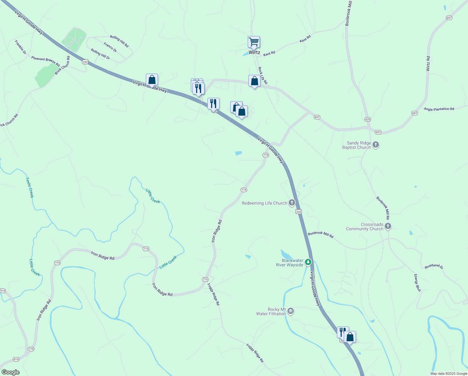 map of restaurants, bars, coffee shops, grocery stores, and more near 147 Oak Meadows Drive in Rocky Mount