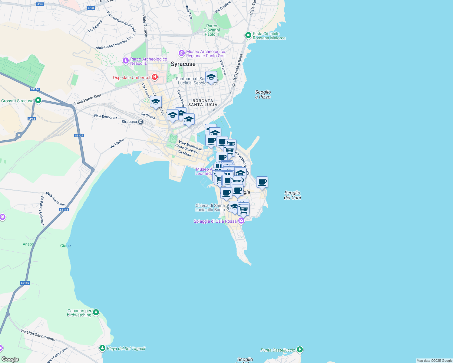 map of restaurants, bars, coffee shops, grocery stores, and more near 36 Via dei Cordari in Siracusa