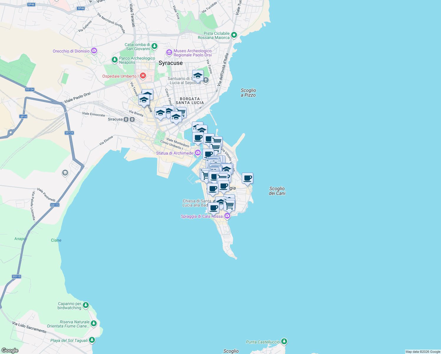map of restaurants, bars, coffee shops, grocery stores, and more near 17 Via Tintori in Siracusa