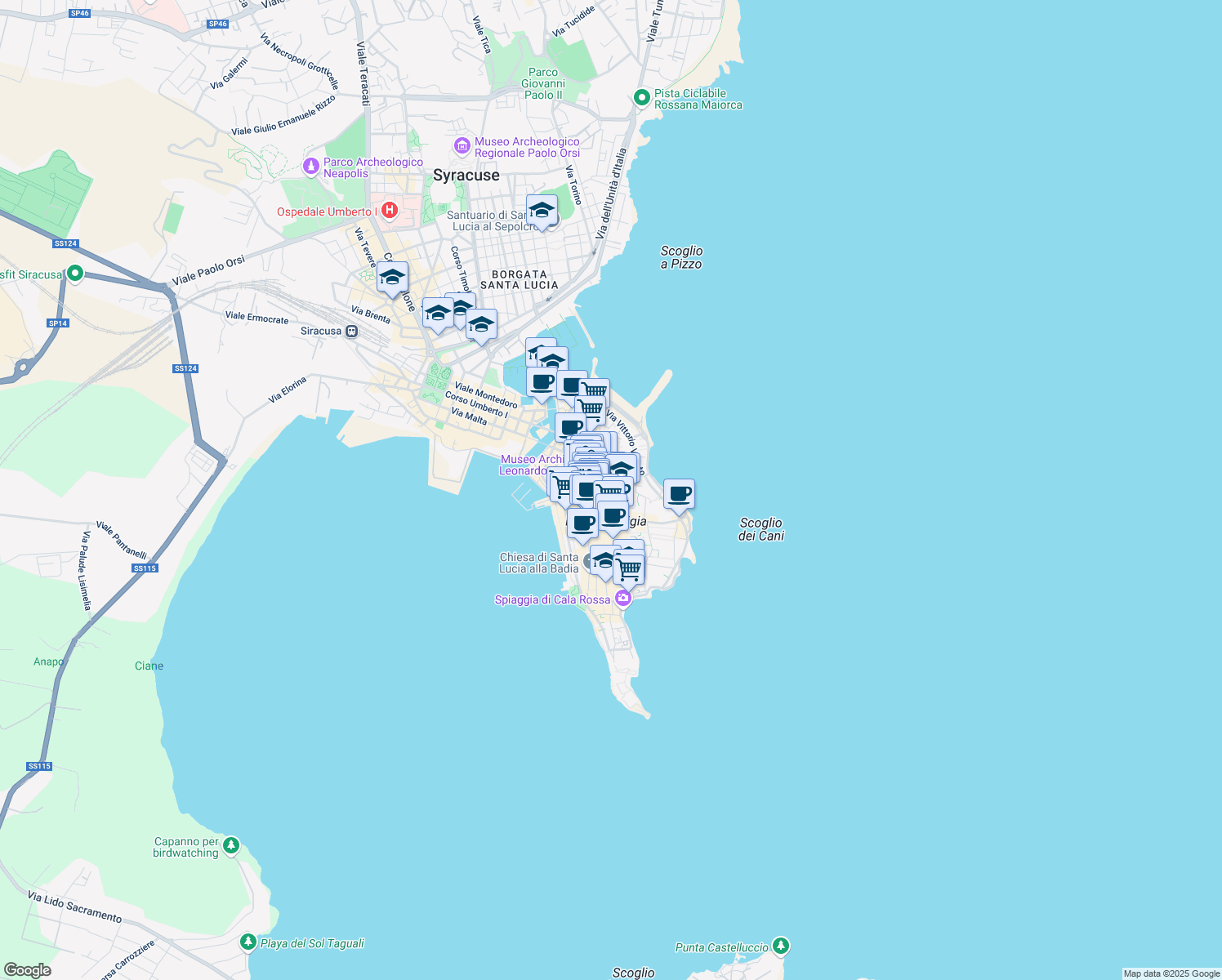 map of restaurants, bars, coffee shops, grocery stores, and more near 17 Via Tintori in Siracusa
