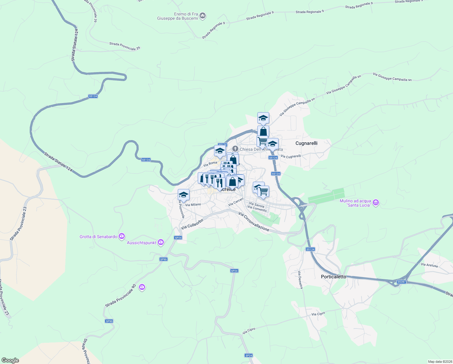 map of restaurants, bars, coffee shops, grocery stores, and more near in Palazzolo Acreide