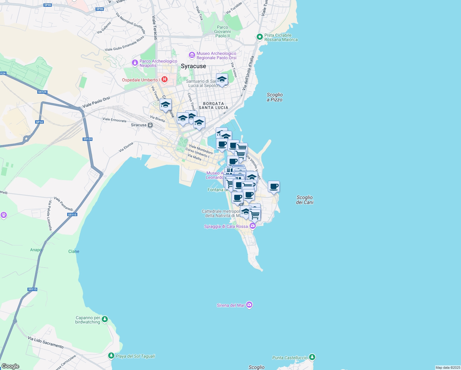 map of restaurants, bars, coffee shops, grocery stores, and more near 36 Via dei Cordari in Siracusa