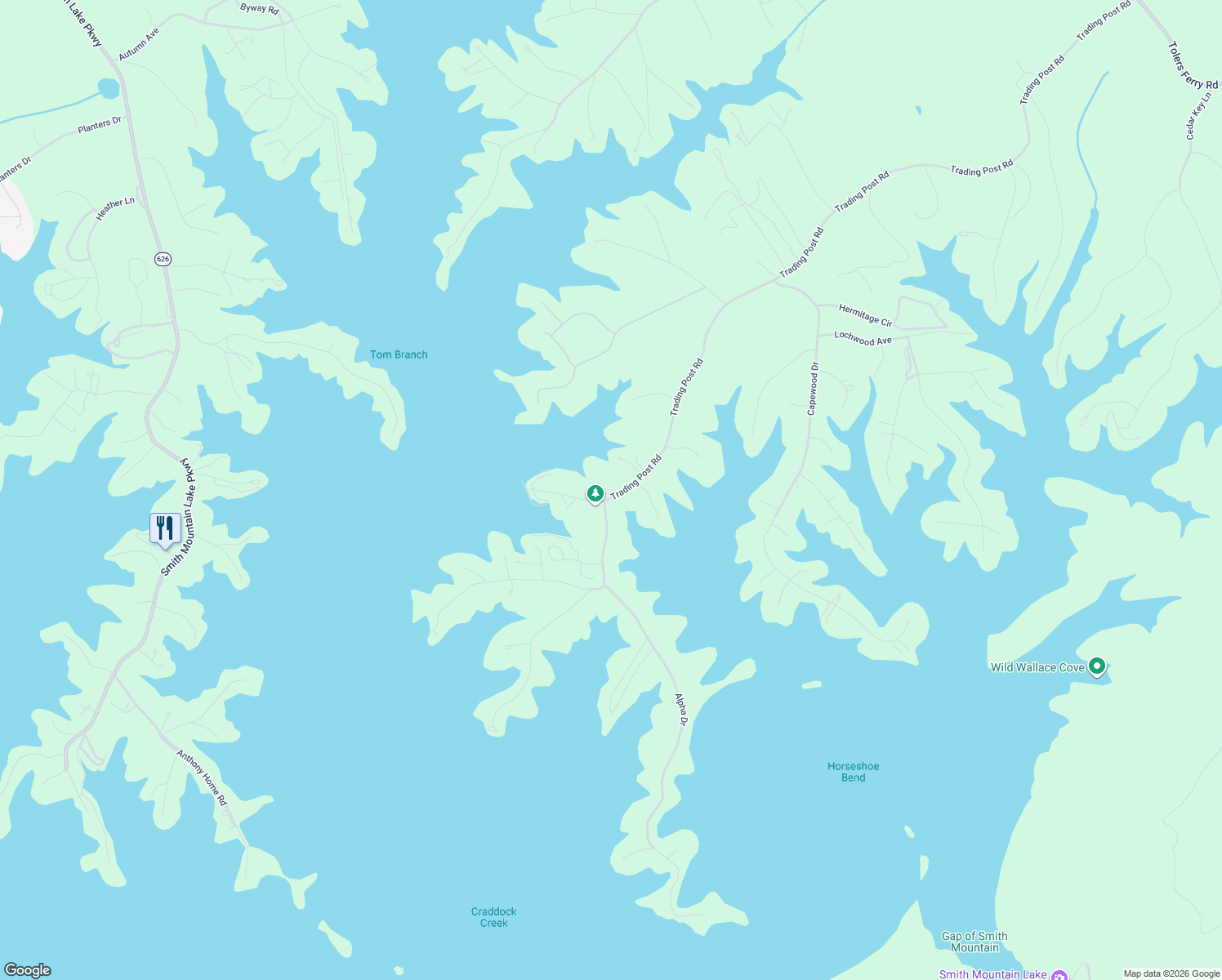 map of restaurants, bars, coffee shops, grocery stores, and more near 3321 Trading Post Road in Huddleston