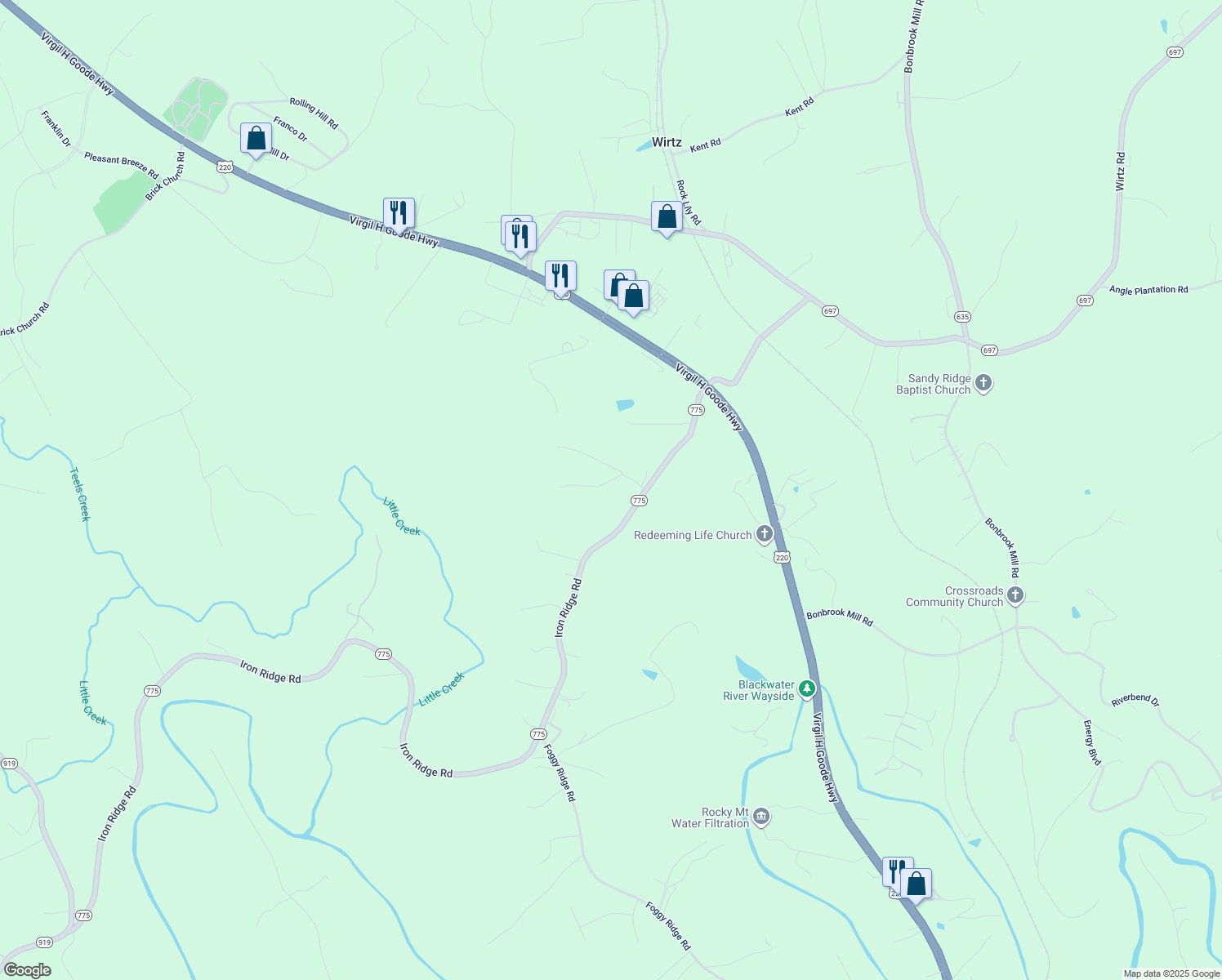 map of restaurants, bars, coffee shops, grocery stores, and more near 147 Oak Meadows Drive in Rocky Mount