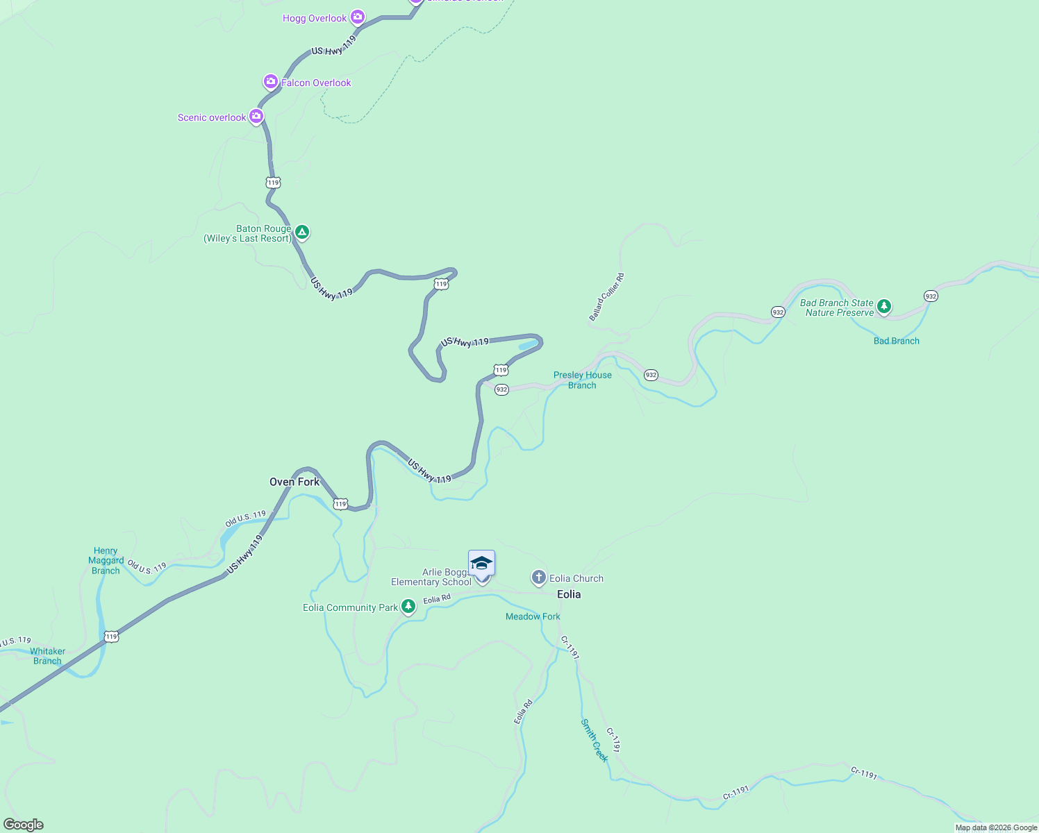 map of restaurants, bars, coffee shops, grocery stores, and more near 324 Slick Rock Road in Eolia