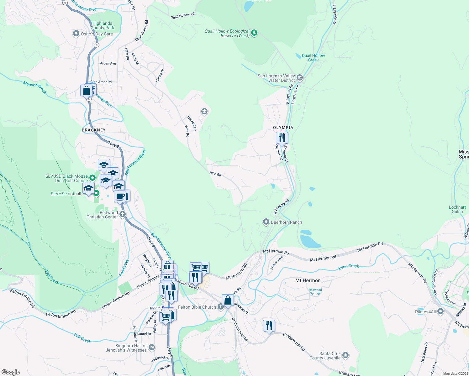 map of restaurants, bars, coffee shops, grocery stores, and more near 7415 Hihn Road in Ben Lomond