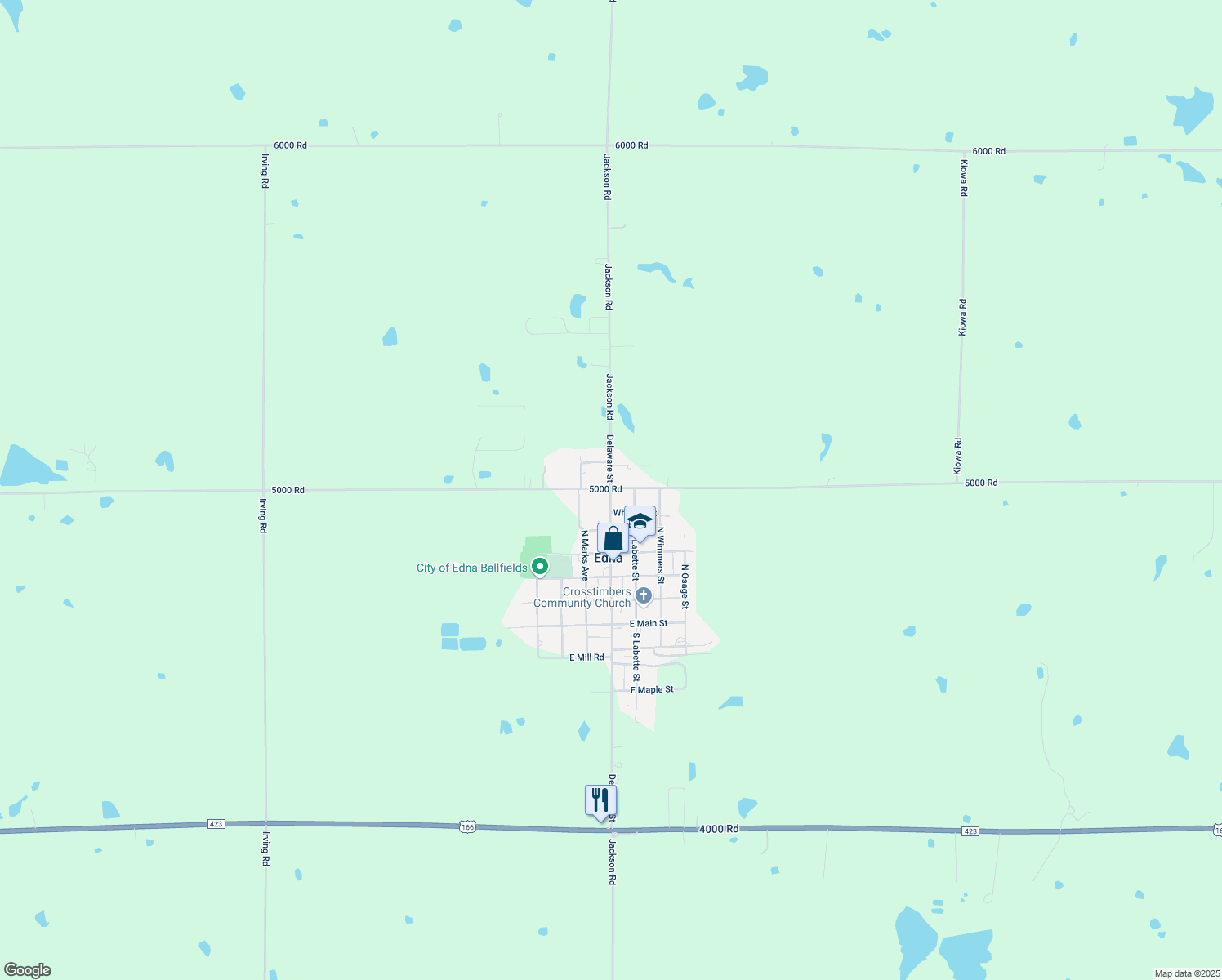 map of restaurants, bars, coffee shops, grocery stores, and more near 598 Delaware St in Edna
