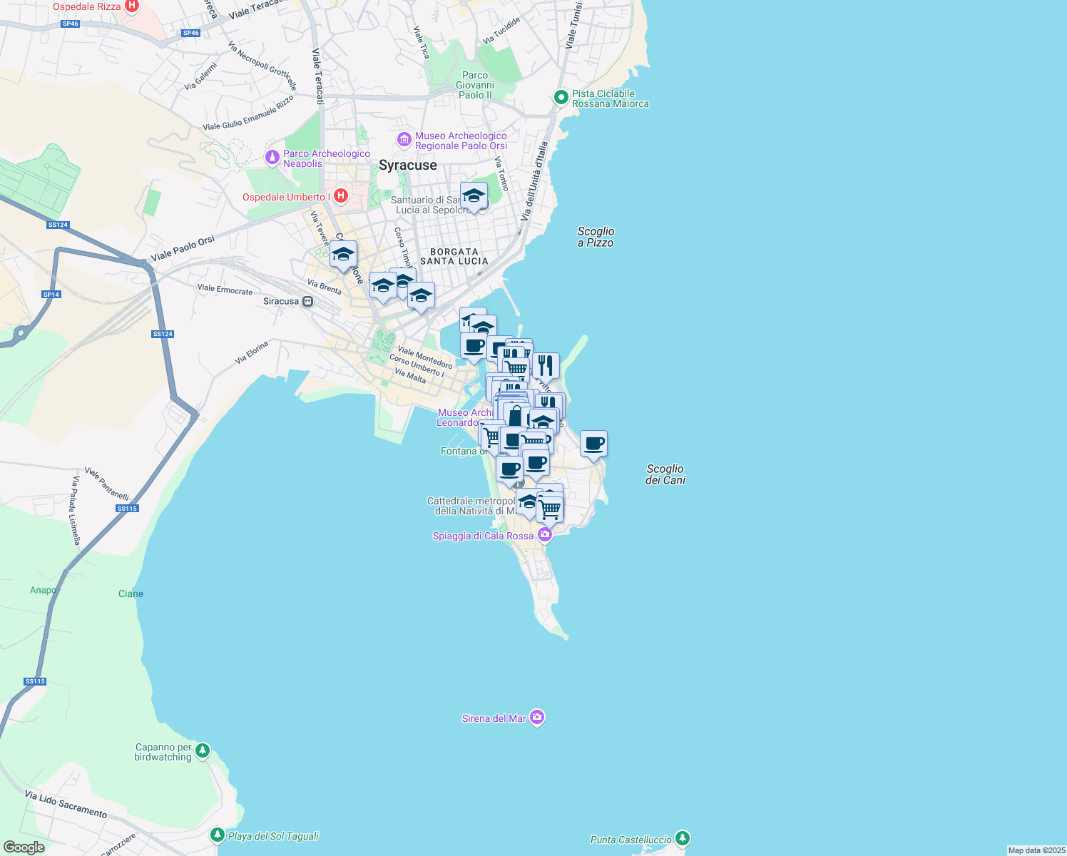 map of restaurants, bars, coffee shops, grocery stores, and more near 104 Via Dione in Syracuse