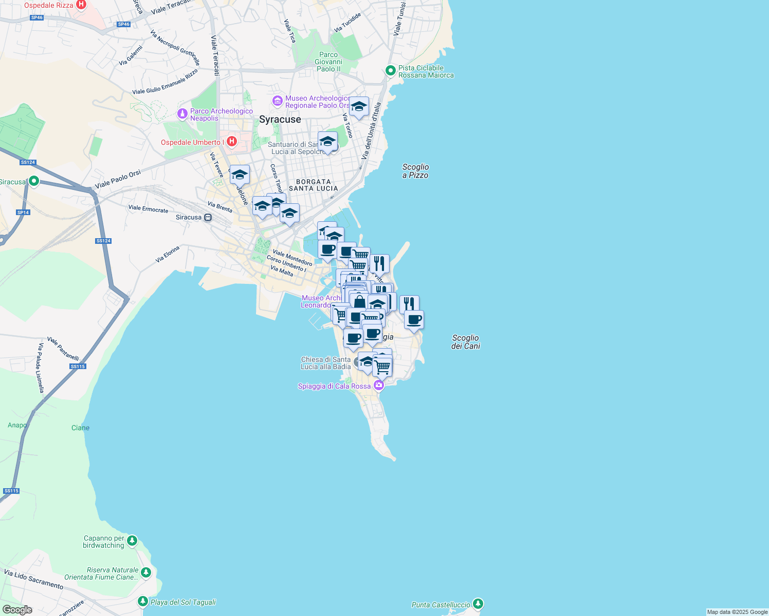 map of restaurants, bars, coffee shops, grocery stores, and more near 139 Via Vittorio Veneto in Siracusa