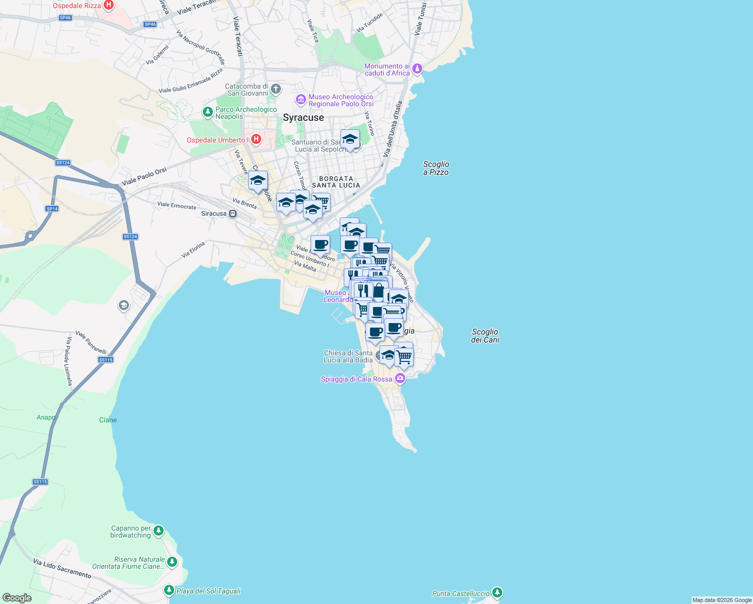 map of restaurants, bars, coffee shops, grocery stores, and more near Via San Paolo in Siracusa