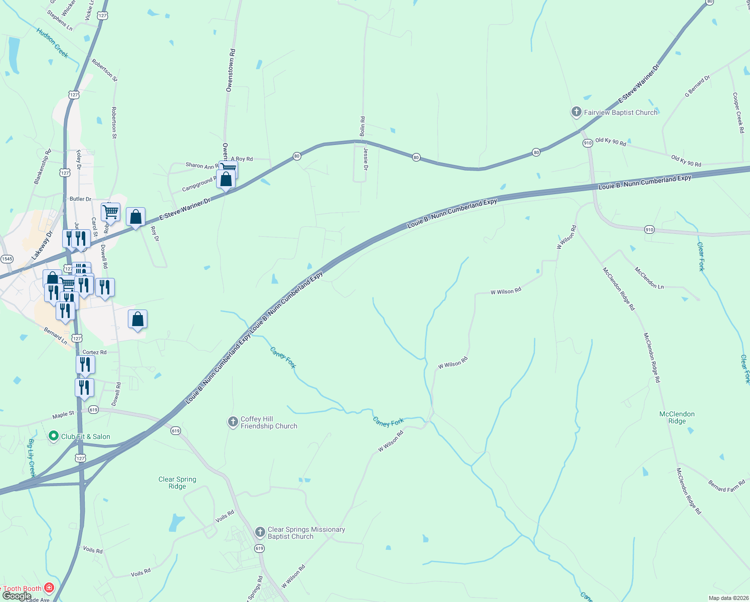 map of restaurants, bars, coffee shops, grocery stores, and more near in Russell Springs