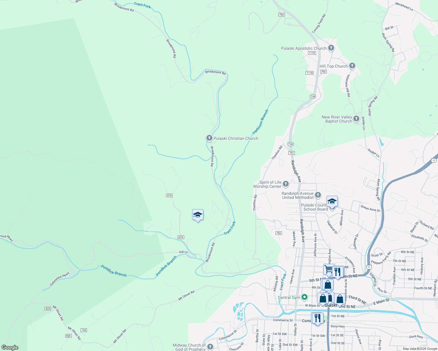 map of restaurants, bars, coffee shops, grocery stores, and more near 4466 Brookmont Road in Pulaski