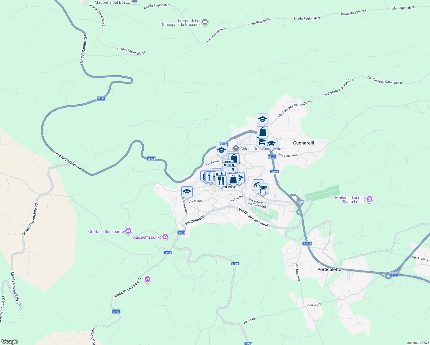 map of restaurants, bars, coffee shops, grocery stores, and more near 64 Via Grotte in Palazzolo Acreide