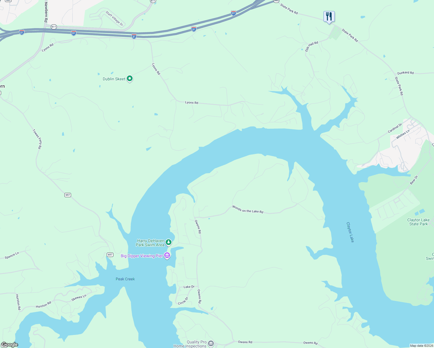 map of restaurants, bars, coffee shops, grocery stores, and more near 6898 Owens Road in Radford