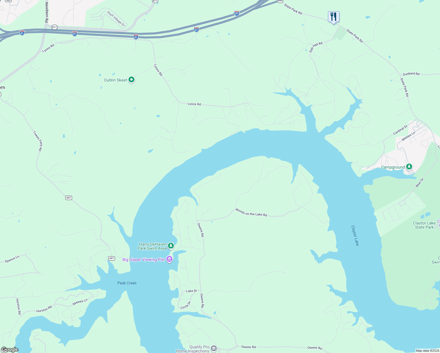map of restaurants, bars, coffee shops, grocery stores, and more near 6898 Owens Road in Radford