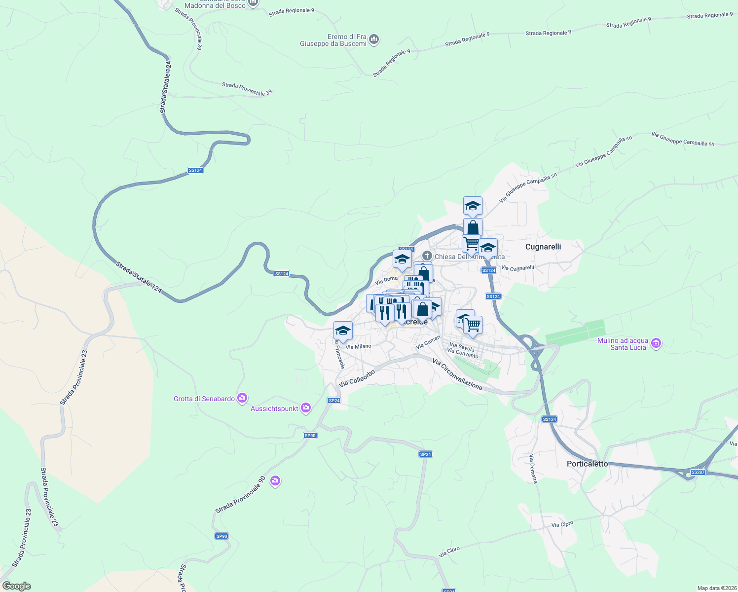 map of restaurants, bars, coffee shops, grocery stores, and more near 29 Via Scalilli in Palazzolo Acreide